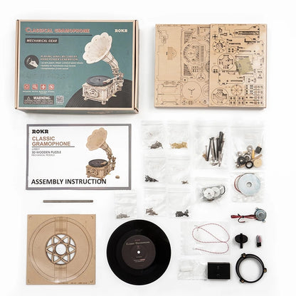 Hand Crank Classic Gramophone Wooden Puzzle Model Building Kits Assembly
