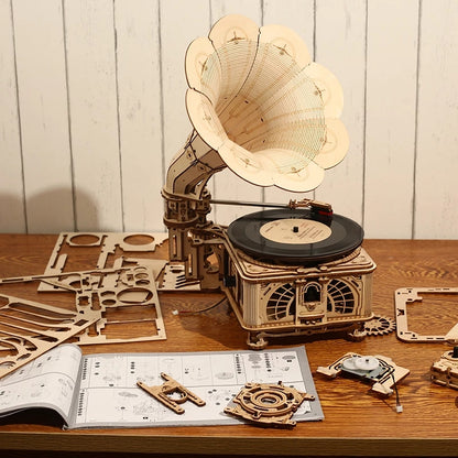 Hand Crank Classic Gramophone Wooden Puzzle Model Building Kits Assembly