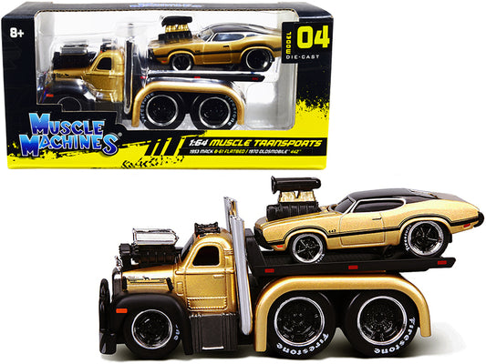 1953 mack b-61 flatbed truck gold and 1970 oldsmobile 442 gold with black top and stripes "muscle transports" 1/64 diecast model cars