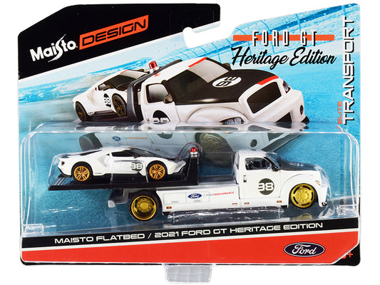 2021 ford gt #98 heritage edition with flatbed truck white and black "elite transport" series 1/64 diecast model cars