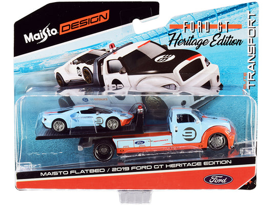 2019 ford gt #9 heritage edition with flatbed truck light blue and orange "elite transport" series 1/64 diecast model cars