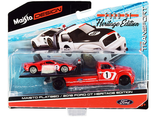 2018 ford gt #1 heritage edition with flatbed truck red with white stripes "elite transport" series 1/64 diecast model cars