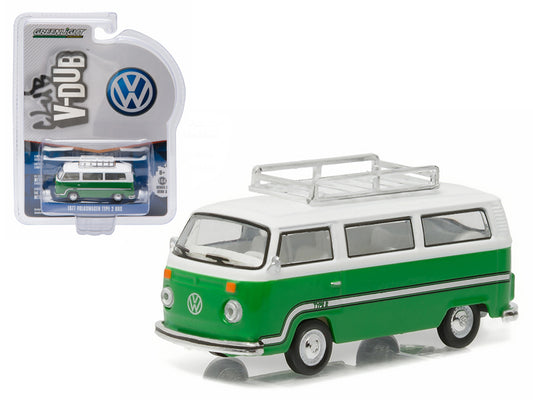 1977 volkswagen type 2 bus (t2b) sumatra green with roof rack and stripes 1/64 diecast model car