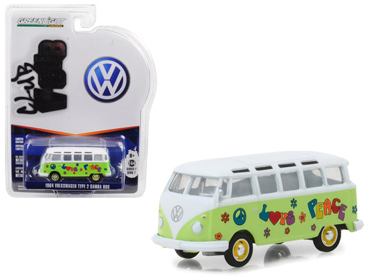 1964 volkswagen type 2 samba bus hippie "peace and love" light green with top series 7 club vee dub 1/64 diecast model car