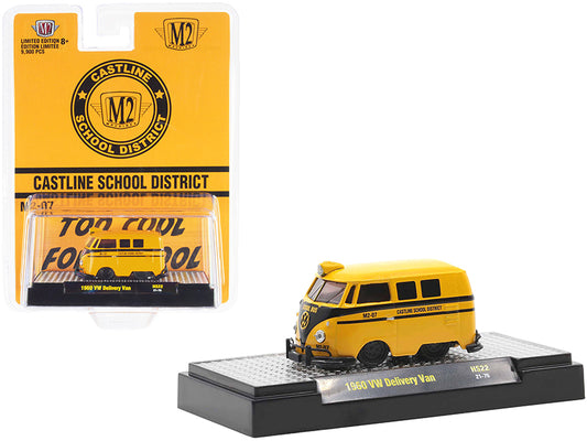 1960 volkswagen delivery van school bus yellow with black stripes "castline school district" limited edition to 9900 pieces worldwide 1/64 diecast model car