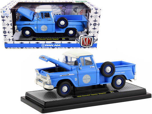 1958 chevrolet apache stepside pickup truck \pan am\" ground crew light blue with white top limited edition to 6880 pieces worldwide 1/24 diecast model car