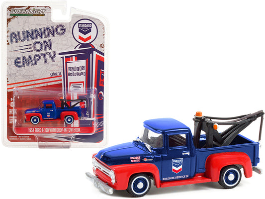 1954 ford f-100 tow truck with drop-in tow hook "standard oil" blue and matt red "running on empty" series 13 1/64 diecast model car