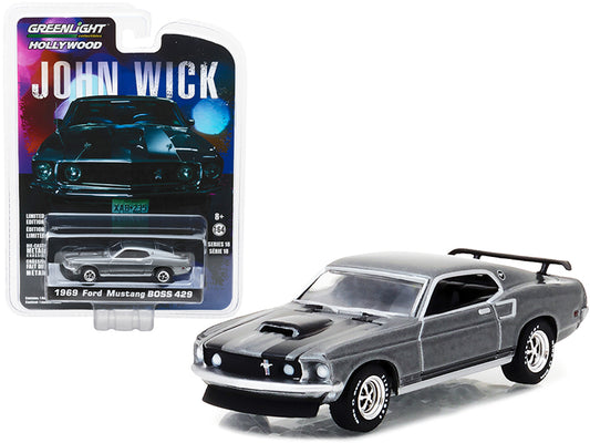 1969 ford mustang boss 429 gray metallic with black stripes "john wick" (2014) movie "hollywood series" release 18 1/64 diecast model car
