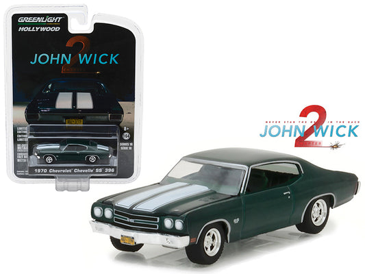 1970 chevrolet chevelle ss 396 green with white stripes "john wick: chapter 2" (2017) movie "hollywood series" release 18 1/64 diecast model car