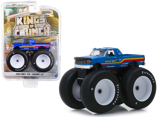 1996 ford f-250 monster truck "bigfoot #7" metallic blue with stripes "kings of crunch" series 5 1/64 diecast model car