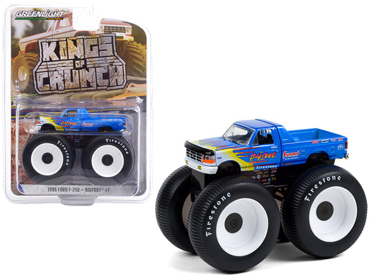 1996 ford f-250 monster truck "bigfoot #7" blue with flames "bigfoot at race rock" "kings of crunch" series 9 1/64 diecast model car