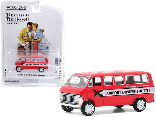 1968 ford club wagon bus "airport express shuttle" red with white stripe "norman rockwell" series 3 1/64 diecast model car