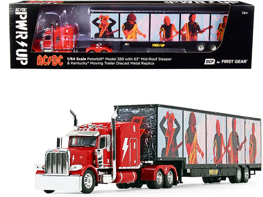 peterbilt 389 63" mid-roof sleeper cab viper red with kentucky moving trailer "ac/dc power up" 1/64 diecast model