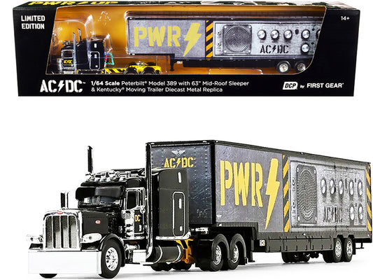 peterbilt 389 63" mid-roof sleeper cab with kentucky moving trailer "ac/dc power up" black 1/64 diecast model