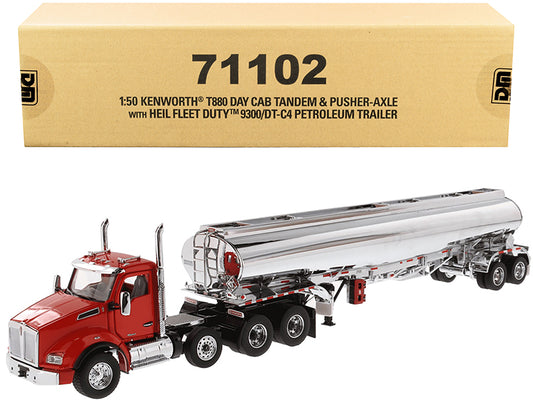 kenworth t880 day cab tandem truck with pusher-axle and heil fleet duty 9300/dt-c4 petroleum tanker trailer red and chrome "transport series" 1/50 diecast model