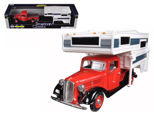 1937 ford pickup truck with camper shell red and white 1/24 diecast model car