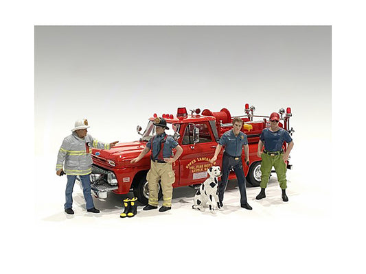 firefighters 6 piece figure set 4 males 1 dog 1 accessory for 1/18 scale models