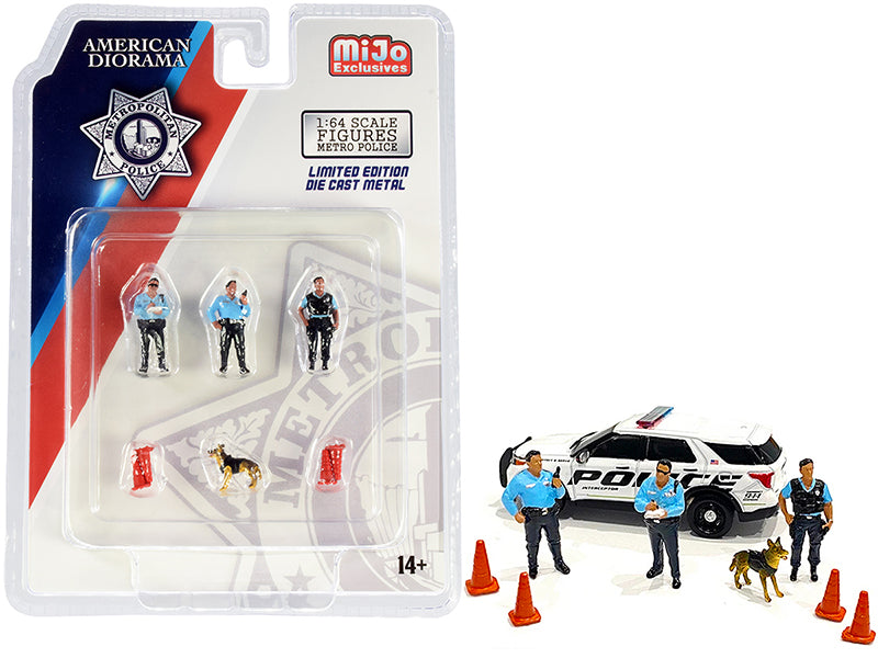 "metropolitan police" 8 piece diecast set (3 figurines and 1 dog and 4 accessories) for 1/64 scale models