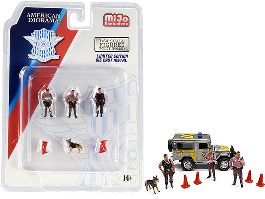 "police" 8 piece diecast set (3 figurines and 1 dog and 4 accessories) for 1/64 scale models