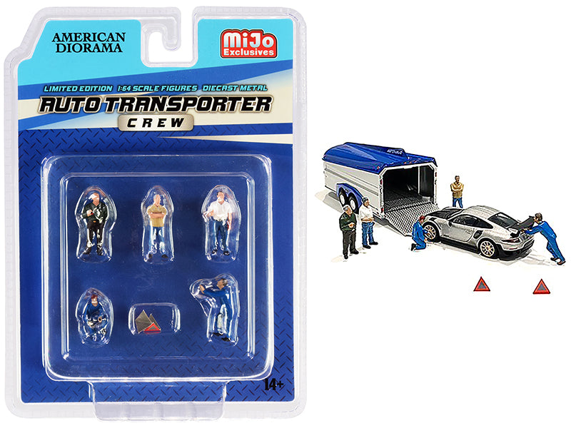 "auto transporter crew" diecast set of 7 pieces (5 figurines and 2 warning triangles) for 1/64 scale models