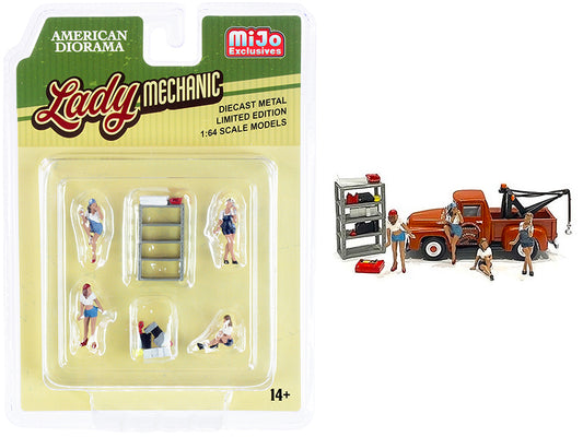 "lady mechanic" 6 piece diecast set (4 figurines and 2 accessories) for 1/64 scale models