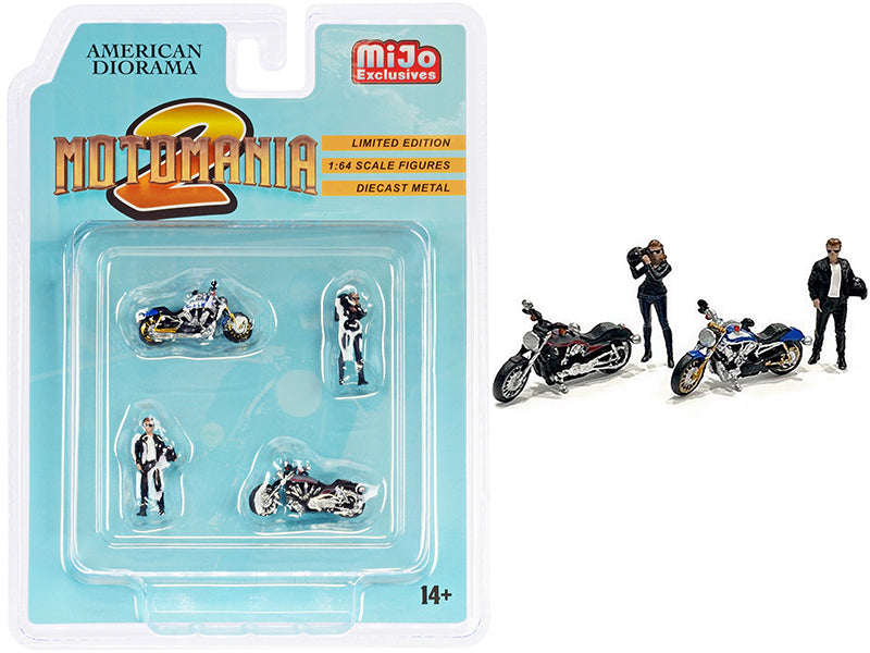 "motomania 2" 4 piece diecast set (2 figurines and 2 motorcycles) for 1/64 scale models