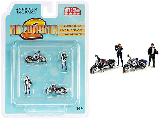 "motomania 2" 4 piece diecast set (2 figurines and 2 motorcycles) for 1/64 scale models