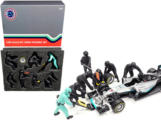 formula one f1 pit crew 7 figurine set team black for 1/18 scale models