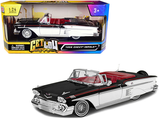 1958 chevrolet impala convertible lowrider black and white with red interior "get low" series 1/24 diecast model car