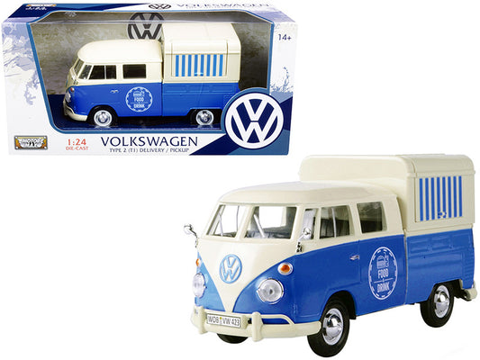 volkswagen type 2 (t1) pickup food truck cream and blue 1/24 diecast model car