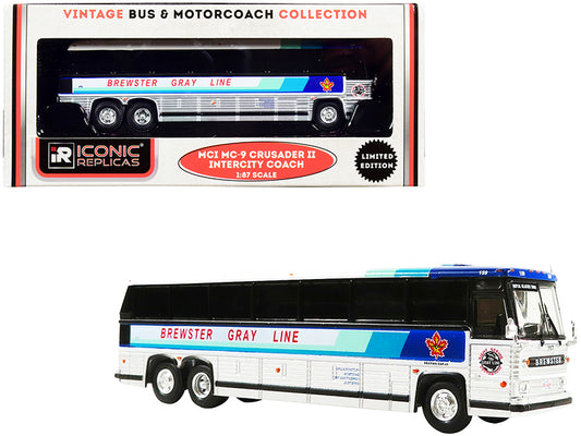 1980 mci mc-9 crusader ii intercity coach bus "brewster gray line" (canada) white and silver with stripes "vintage bus & motorcoach collection" 1/87 (ho) diecast model