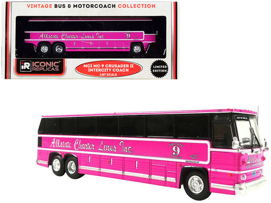 1980 mci mc-9 crusader ii intercity coach bus pink \allstate charter lines inc.\" \"vintage bus & motorcoach collection\" 1/87 (ho) diecast model