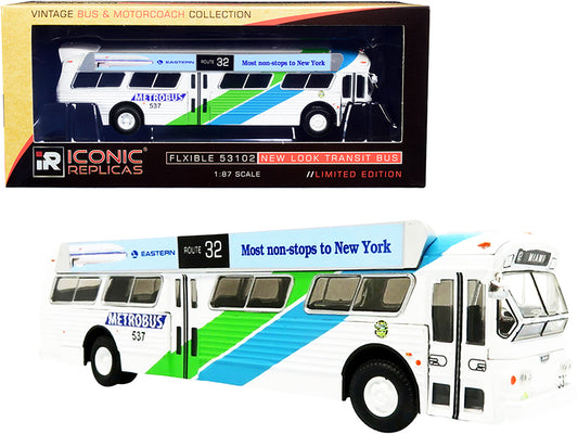 flxible 53102 transit bus #32 "miami" metrobus (florida) with bus-o-rama boards "eastern airlines" white with green and blue stripes "vintage bus & motorcoach collection" 1/87 (ho) diecast model