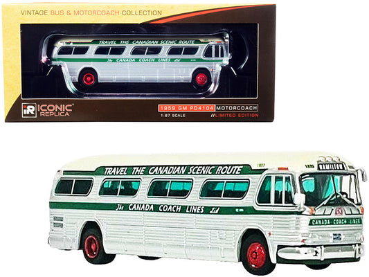 1959 gm pd4104 motorcoach bus \hamilton\" \"canada coach lines\" silver and cream with green stripes \"vintage bus & motorcoach collection\" 1/87 (ho) diecast model