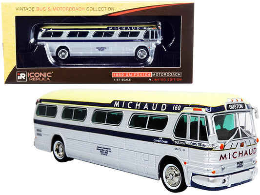 1959 gm pd4104 motorcoach bus \boston\" \"michaud lines\" silver and cream with dark blue stripes \"vintage bus & motorcoach collection\" 1/87 (ho) diecast model