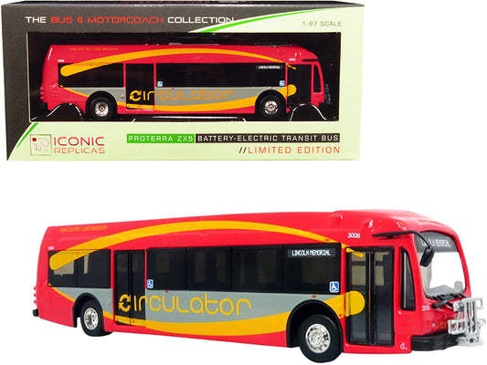proterra zx5 battery-electric transit bus dc circulator "lincoln memorial" (washington d.c.) red and gray with yellow stripes "the bus & motorcoach collection" 1/87 (ho) diecast model