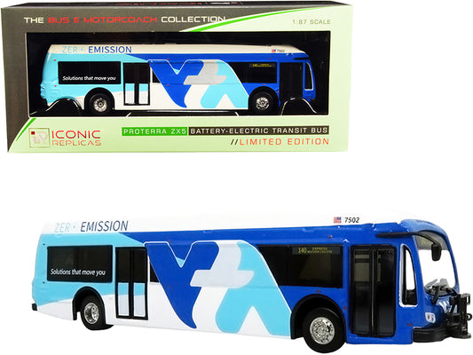 proterra zx5 battery-electric transit bus #140 express "mission college" santa clara valley (california) white and blue "the bus & motorcoach collection" 1/87 (ho) diecast model