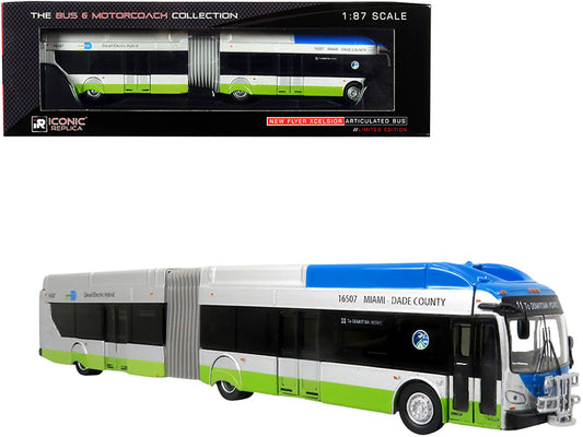 new flyer xcelsior xn-60 aerodynamic articulated bus #11 "miami-dade county" silver and blue with green stripe "the bus & motorcoach collection" 1/87 (ho) diecast model