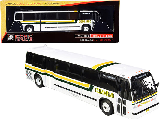 1999 tmc rts transit bus #bm1 manhattan (new york) "command bus company" white with yellow and green stripes "the vintage bus & motorcoach collection" 1/87 (ho) diecast model
