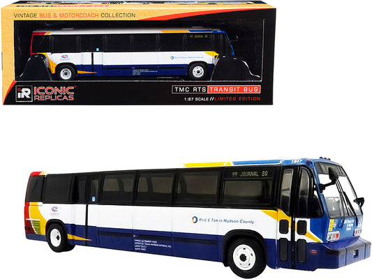 1999 tmc rts transit bus #99 journal square coach usa "red & tan in hudson county" (new jersey) white and blue with red and yellow stripes "the vintage bus & motorcoach collection" 1/87 (ho) diecast model