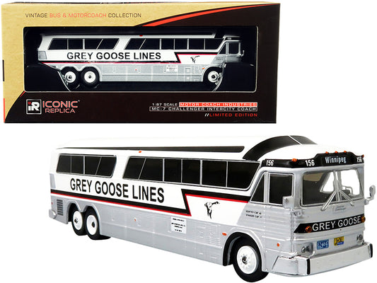 mci mc-7 challenger intercity coach "grey goose lines" winnipeg (canada) white and silver with stripes "vintage bus & motorcoach collection" 1/87 (ho) diecast model