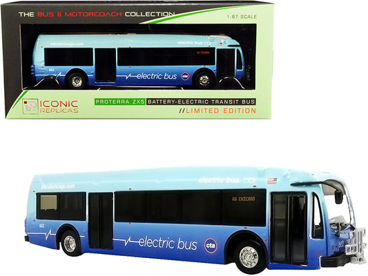 proterra zx5 battery-electric transit bus #65 "chicago" (illinois) blue "the bus & motorcoach collection" 1/87 (ho) diecast model