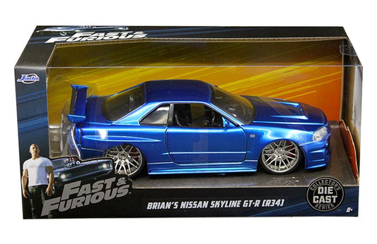 brian's nissan gtr skyline r34 rhd (right hand drive) blue "fast & furious" movie 1/24 diecast model car