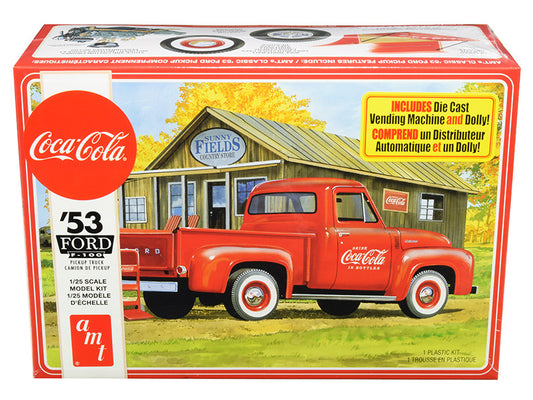 skill 3 model kit 1953 ford f-100 pickup truck \coca-cola\" with vending machine and dolly 1/25 scale model