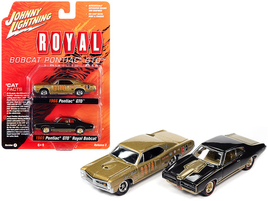 1966 pontiac gto "royal" gold and 1969 pontiac gto royal bobcat espresso brown "pontiac royal" set of 2 pieces 1/64 diecast model cars