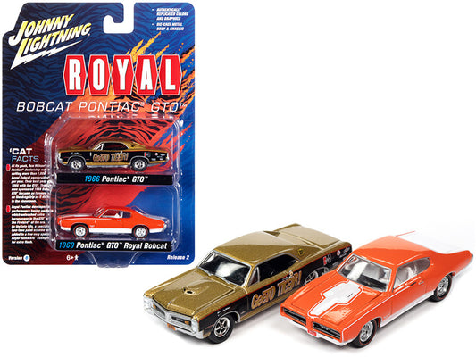 1966 pontiac gto \geeto tiger\" gold and 1969 pontiac gto royal bobcat orange \"pontiac royal\" set of 2 pieces 1/64 diecast model cars