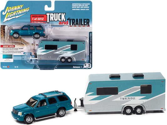 2005 cadillac escalade teal metallic with camper trailer limited edition to 6012 pieces worldwide "truck and trailer" series 1/64 diecast model car