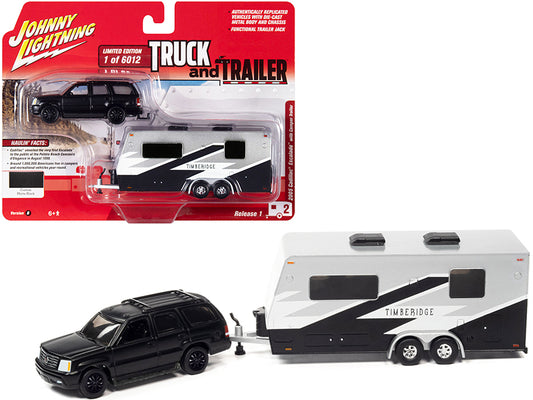 2005 cadillac escalade matt black with camper trailer limited edition to 6012 pieces worldwide "truck and trailer" series 1/64 diecast model car