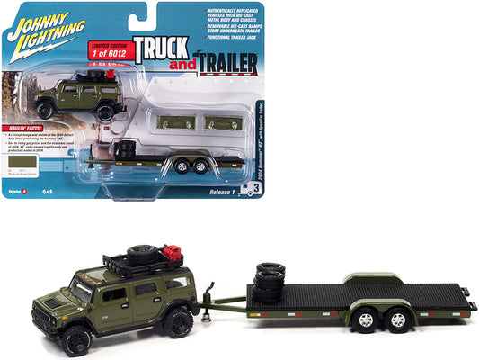 2004 hummer h2 medium sage green with open trailer limited edition to 6012 pieces worldwide "truck and trailer" series 1/64 diecast model car