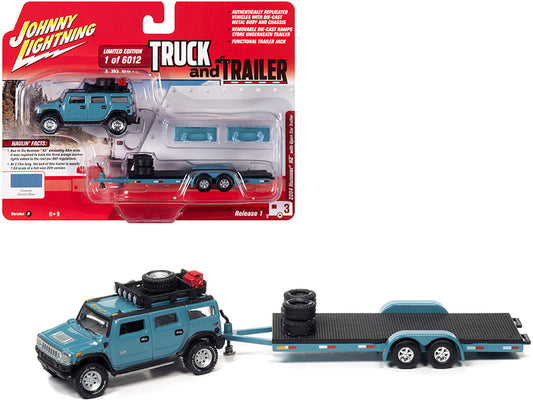 2004 hummer h2 ocean blue with open trailer limited edition to 6012 pieces worldwide "truck and trailer" series 1/64 diecast model car